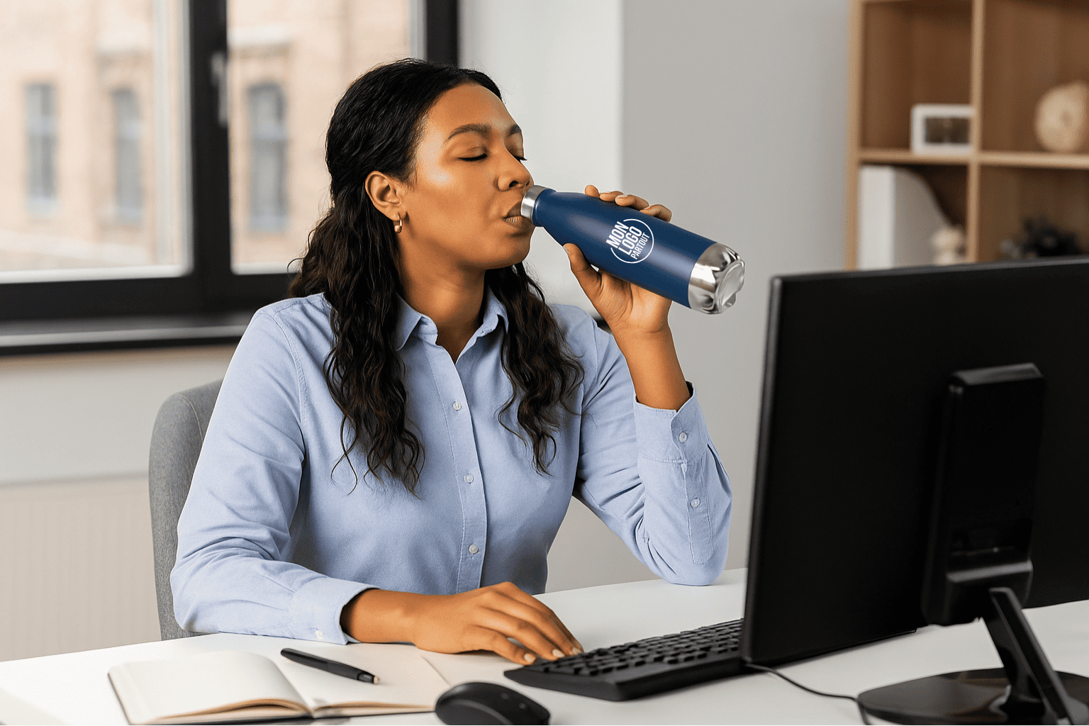 Employée de bureau qui boit de l'eau dans sa gourde